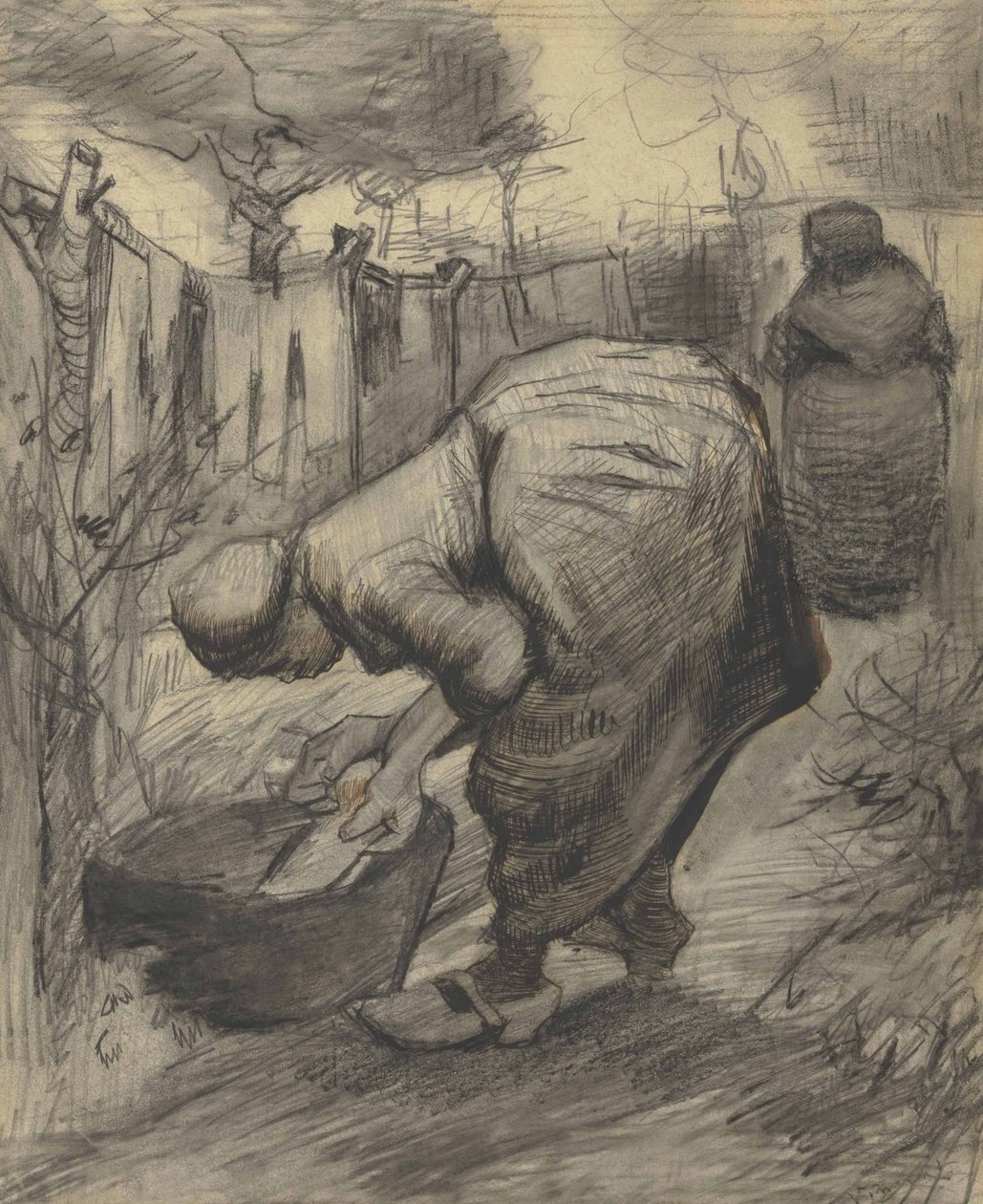 Camponesa na lagoa em um jardim (1885) de Vincent van Gogh