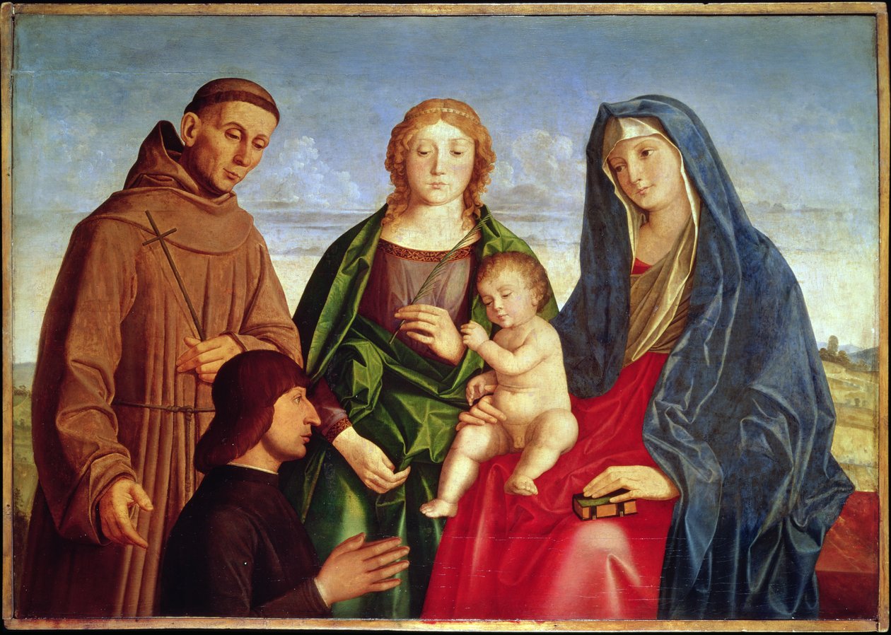 A Virgem e o Menino com São Francisco, um santo feminino e um doador de Vincenzo di Biagio Catena