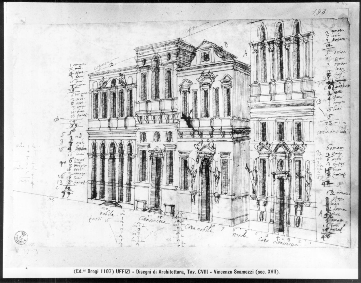 Desenho da fachada da Galeria Uffizi, desenhada por Giorgio Vasari (1511-1574) e completada por Bernardo Buontalenti (1531-1608) e Alfonso Parigi (d.1590) em 1580 de Vincenzo Scamozzi