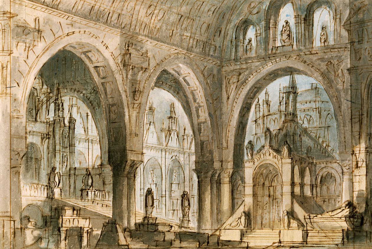 Cenografia de Francesco Bagnara para quarta cena de Capuleti e Montecchi, ópera de Vincenzo Bellini (1801-1835), interpretada no Teatro La Fenice em Veneza de Vincenzo Bellini