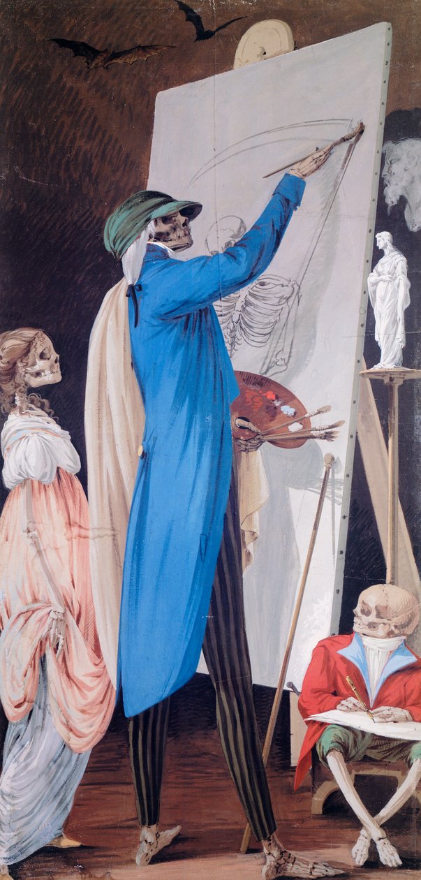 Pintor e mulher com anão, de Ciclo de cenas de esqueletos vivos, Paolo Vincenzo Bonomini (1757-1839), têmpera sobre tela Igreja de Santa Grata Inter Vites, em Borgo Canale, Bergamo, Itália de Vincenzo Bonomini