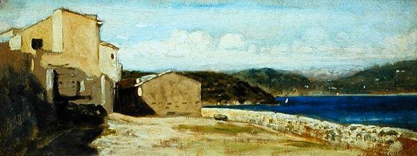 Casas em Lerici (óleo sobre painel) de Vincenzo Cabianca