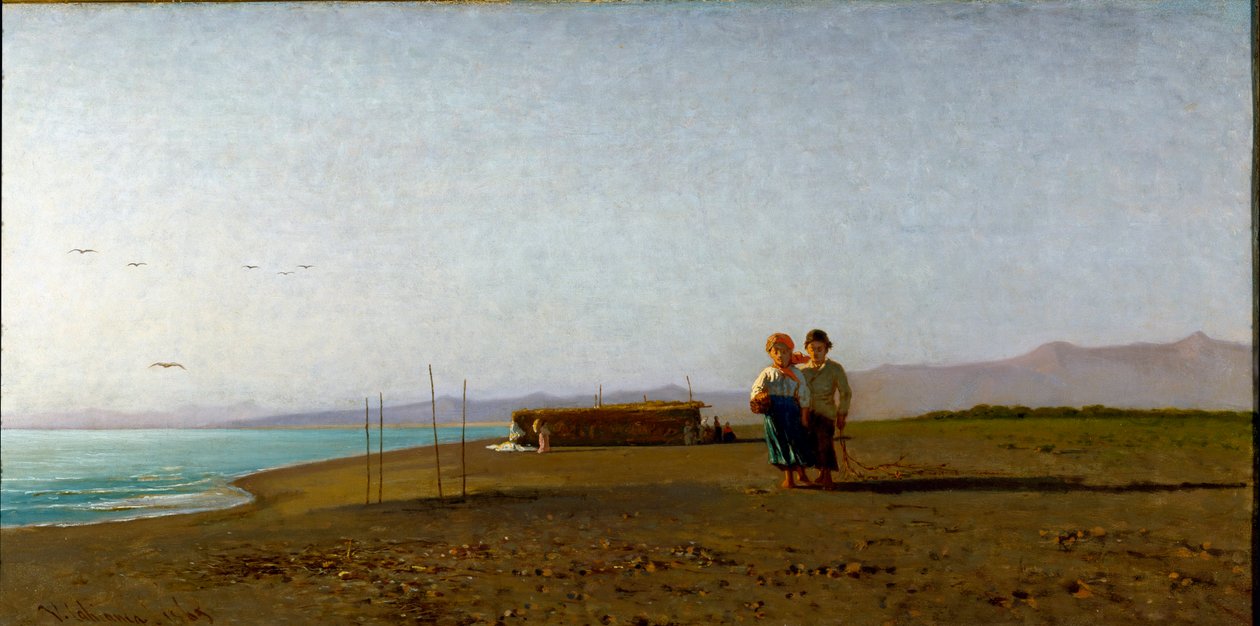 Vista da praia de Viareggio ao sol da manhã na costa da Toscana, duas silhuetas infantis. Pintura de Vincenzo Cabianca (1827-1902) de Vincenzo Cabianca