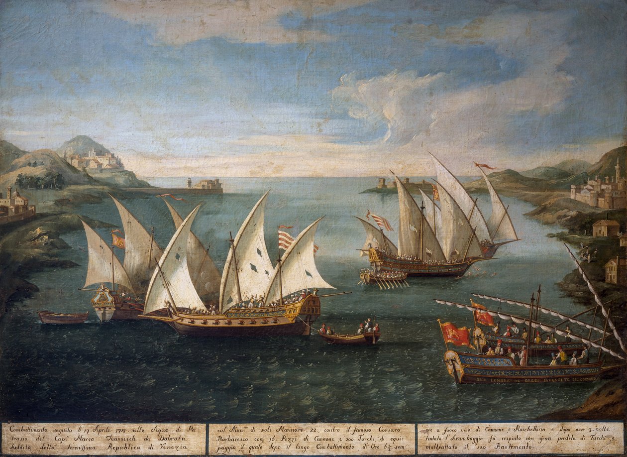Batalha naval entre os navios venezianos de Marco Ivanovich Dobrota e os navios turcos ao largo de Patras a 17 de Abril de Vincenzo Chilone