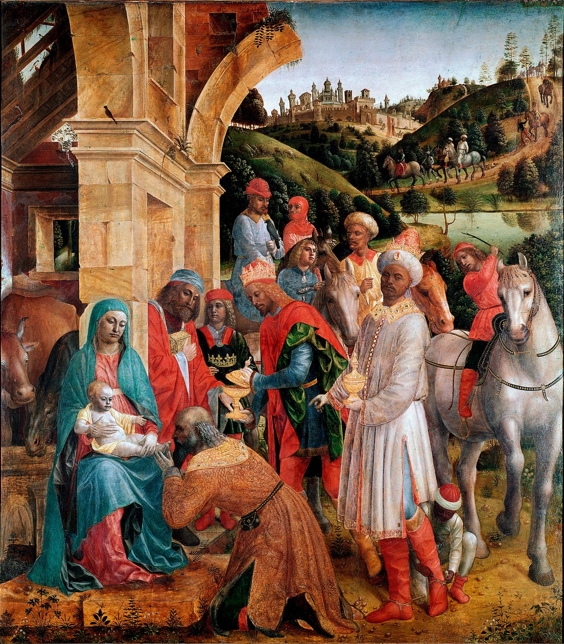 Adoração da Pintura Magos por Vincenzo Foppa (ca. 1427-1515) Sol. 239x210 cm Londres, National Gallery - A Adoração dos Reis Magos, de Vincenzo Foppa (c.1427-c.1515). Óleo sobre choupo, 239x210 cm, c.1500. National Gallery, Londres, Reino Unido de Vincenzo Foppa