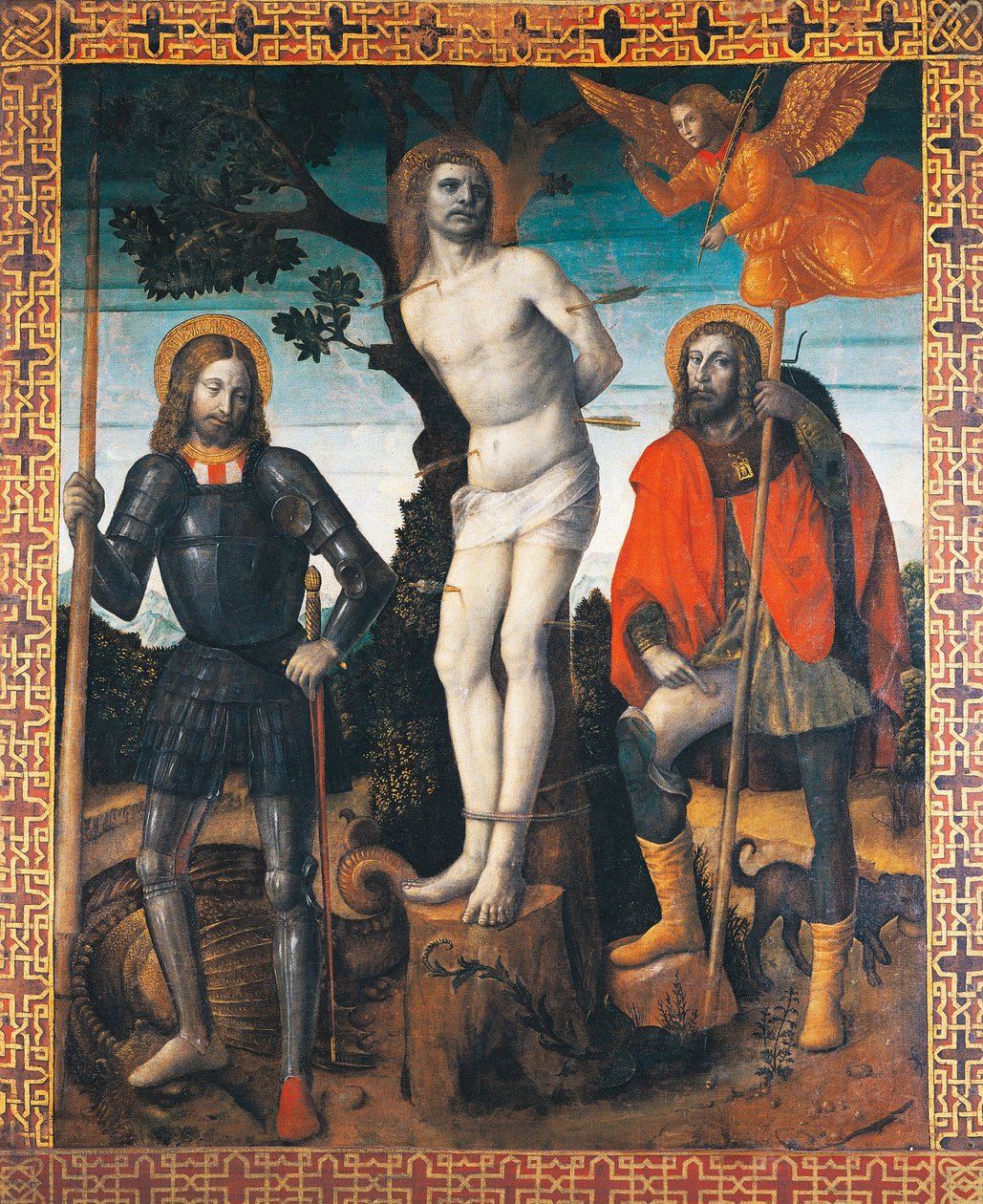 São Sebastião, São Rocco e São Giorgio, reverso da bandeira processional de Orzinuovi, de Vincenzo Foppa (ca1427 - ca151515), pintura sobre tela. de Vincenzo Foppa