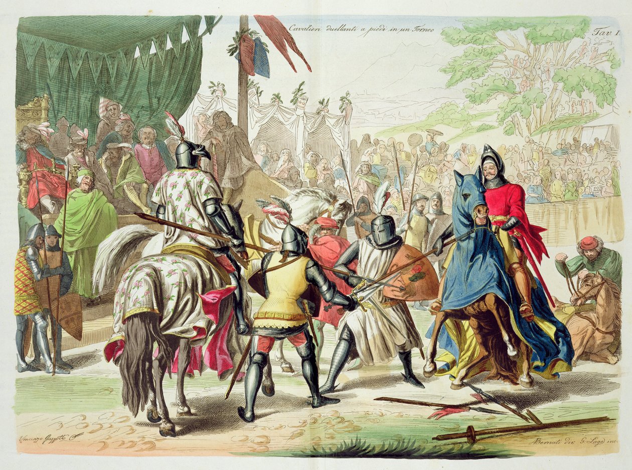Cavaleiros que duelam a pé em um competiam, placa 1 da história das nações, gravada por G. Lago de Vincenzo Gazzotto
