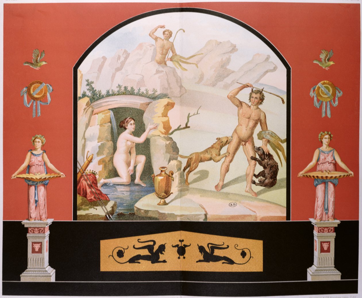 Actaeon descobre a deusa Diana em seu banho, reconstrução de um afresco na casa de Sallust em Pompéia de Vincenzo Loria