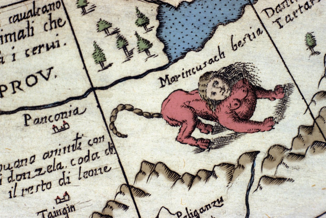 Representação de um manticore, uma criatura fantástica com uma cabeça humana (muitas vezes com chifres, olhos azuis e três filas de dentes), e um escorpião ou cauda de dragão e um corpo de leão. Detalhe de um mapa do mundo de Vincenzo coronelli (1650-1718) de Vincenzo Maria Coronelli