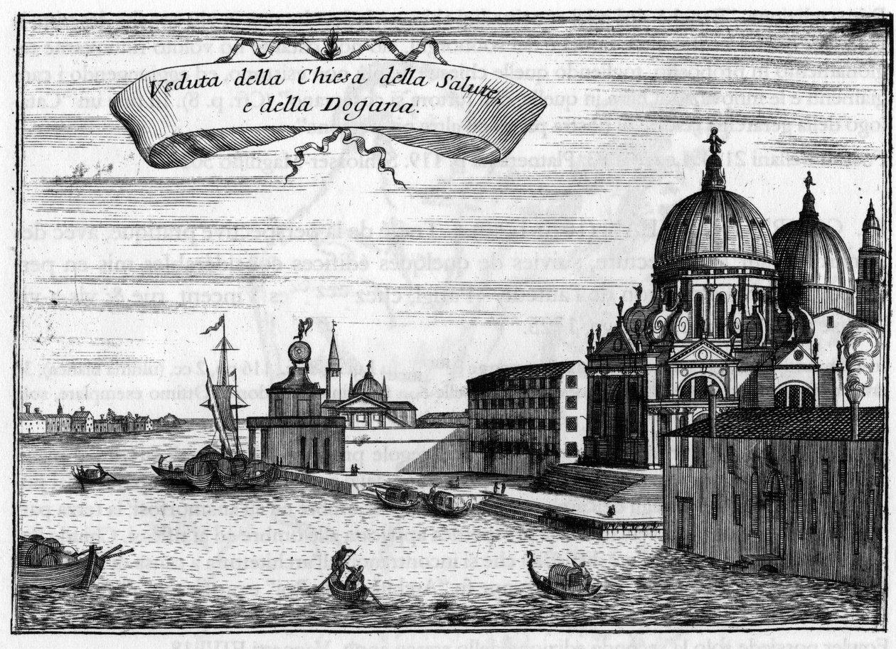 Veneza, Itália. A Igreja de Santa Maria della Salute, projetada pelo arquiteto Baldassare Longhena, e a Alfândega Marítima. Em "Singolarita di Venezia" de Vincenzo Coronelli (1650-1718). de Vincenzo Maria Coronelli