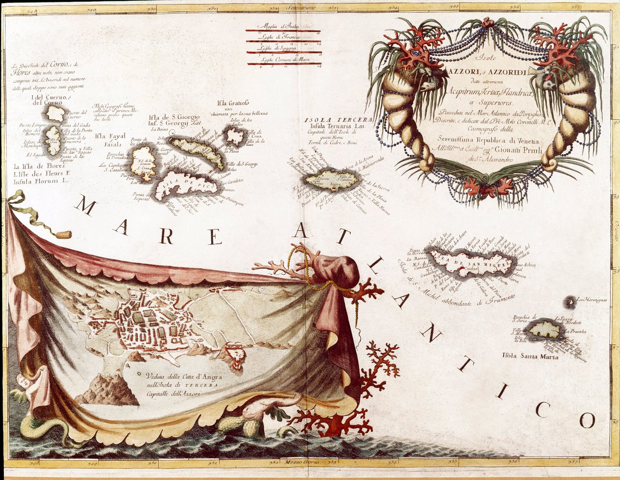 Vista do arquipélago das Ilhas Acores no Oceano Atlântico (gravura de Vincenzo Maria Coronelli