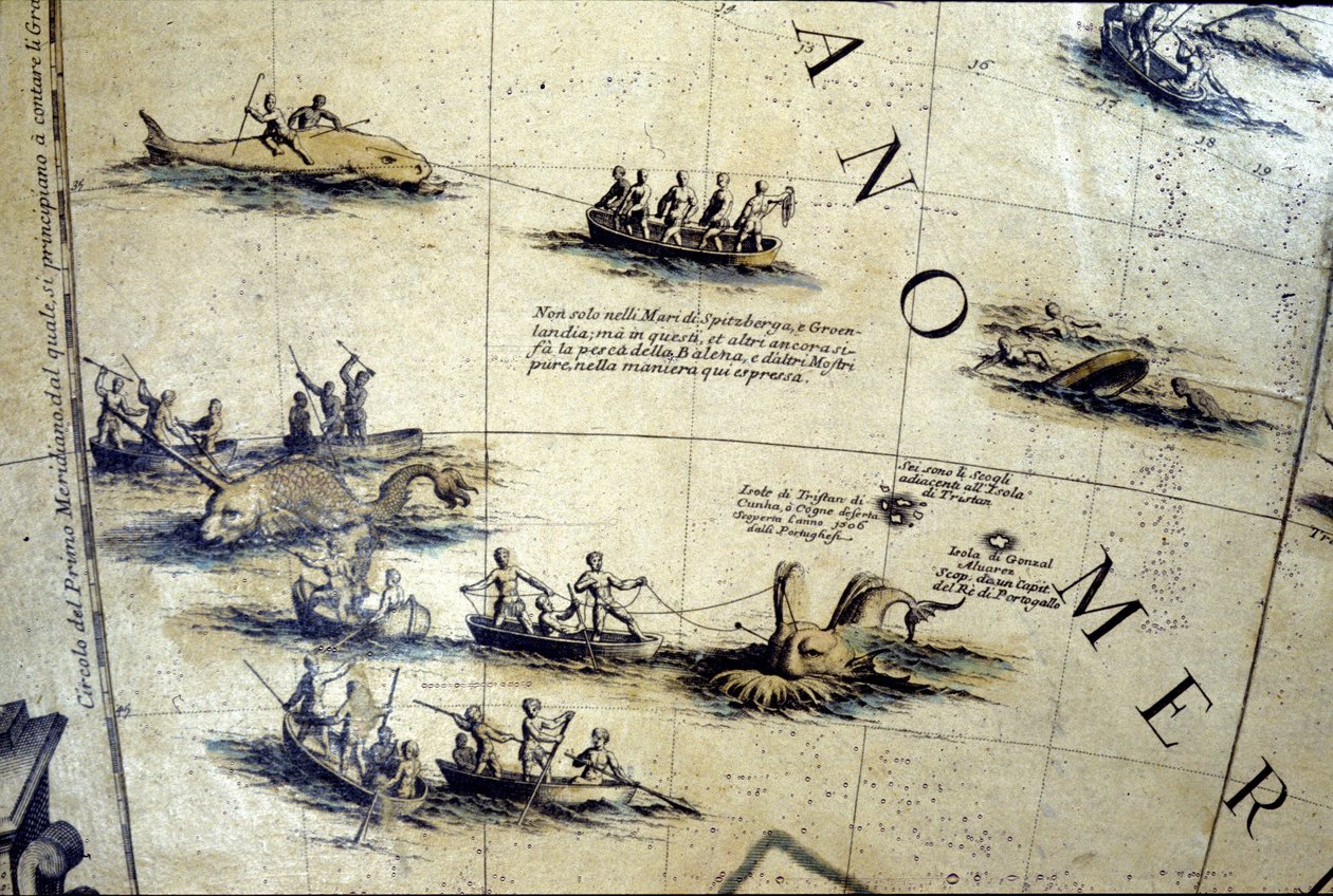 Baleeira no Pacífico. Detalhe de um globo de Coronelli do século XVII. de Vincenzo Maria Coronelli
