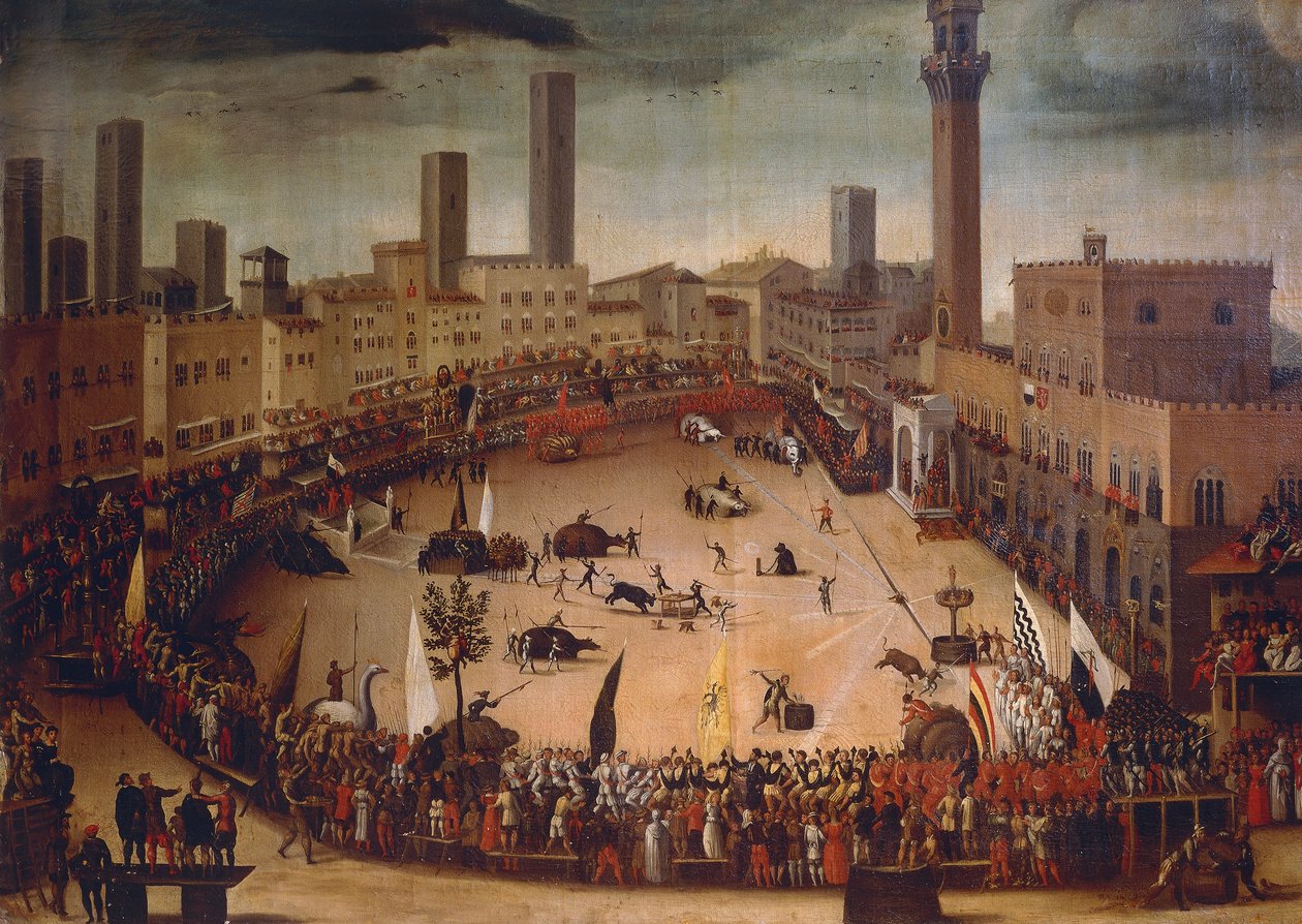 Caça ao touro na Piazza del Campo em 1546, cerca de 1585, pintura de Vincenzo Rustici (1556-1632), óleo sobre tela de Vincenzo Rustici
