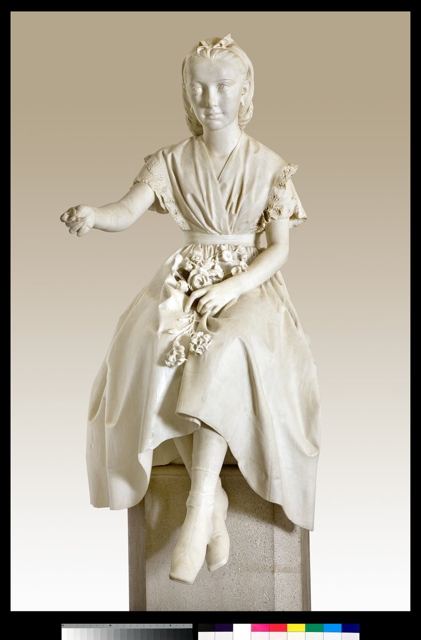 Retrato da Marquesa Virginia Busti Porro quando jovem ou jovem oferecendo uma flor de Vincenzo Vela