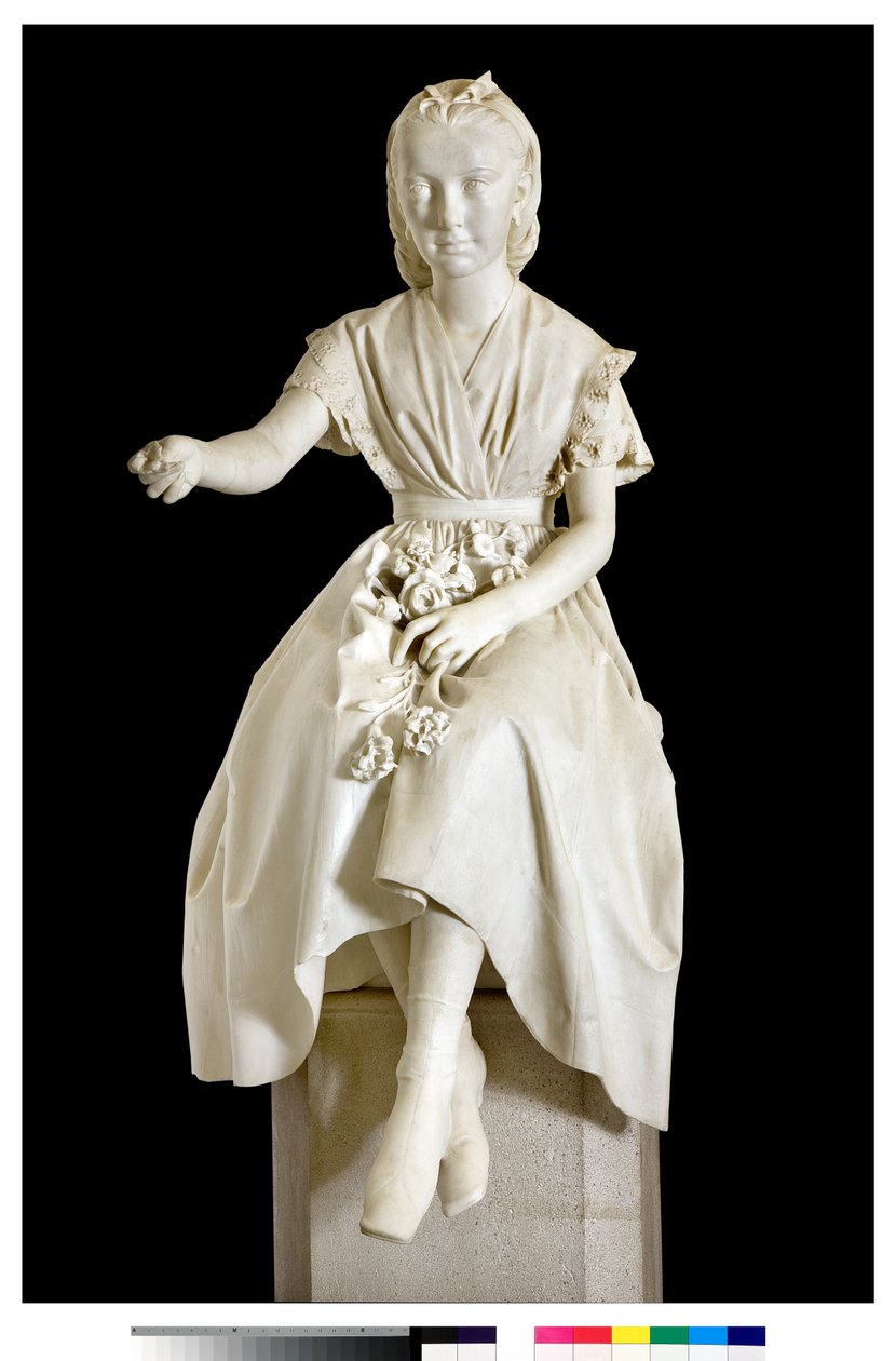 Retrato da Marquesa Virginia Busti Porro quando jovem ou jovem oferecendo uma flor de Vincenzo Vela