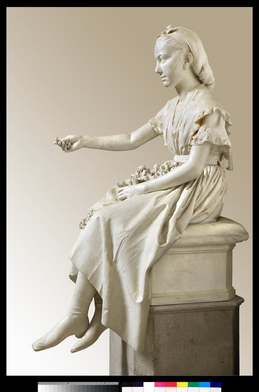 Retrato da Marquesa Virginia Busti Porro quando jovem ou jovem oferecendo uma flor de Vincenzo Vela
