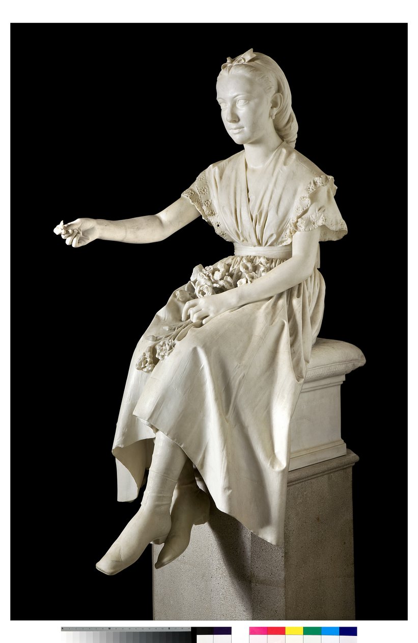 Retrato da Marquesa Virginia Busti Porro quando jovem ou jovem oferecendo uma flor de Vincenzo Vela