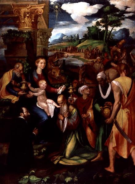 Adoração dos Magos com um Doador (óleo e tempera no painel) de Vincenzo da (d.1557) Pavia
