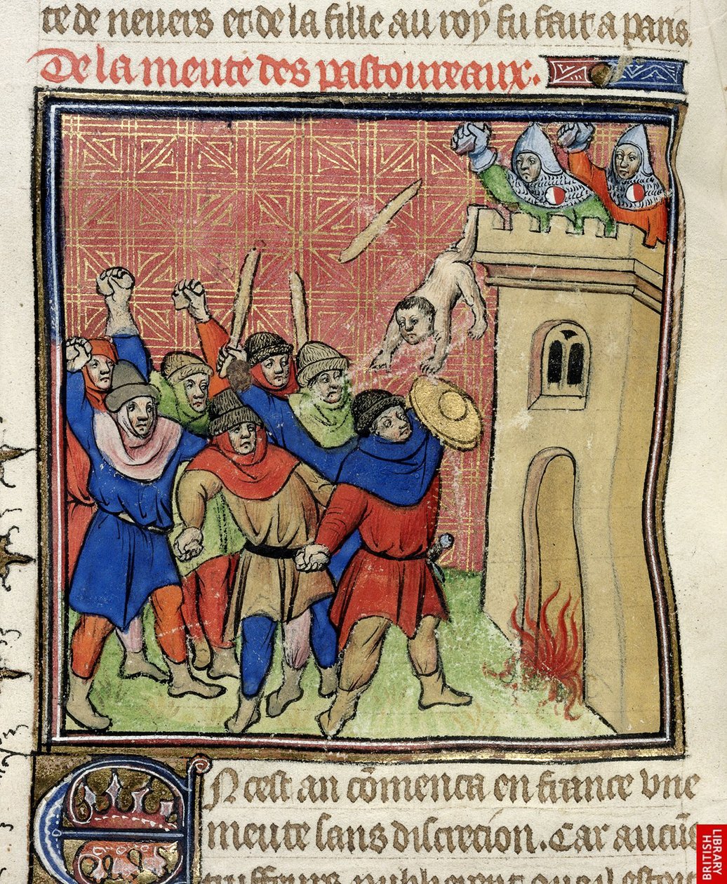 Detalhe de uma miniatura da Terceira Cruzada de Pastoureaux. Judeus jogando seus filhos de uma torre, depois de 1380 de Virgil Master