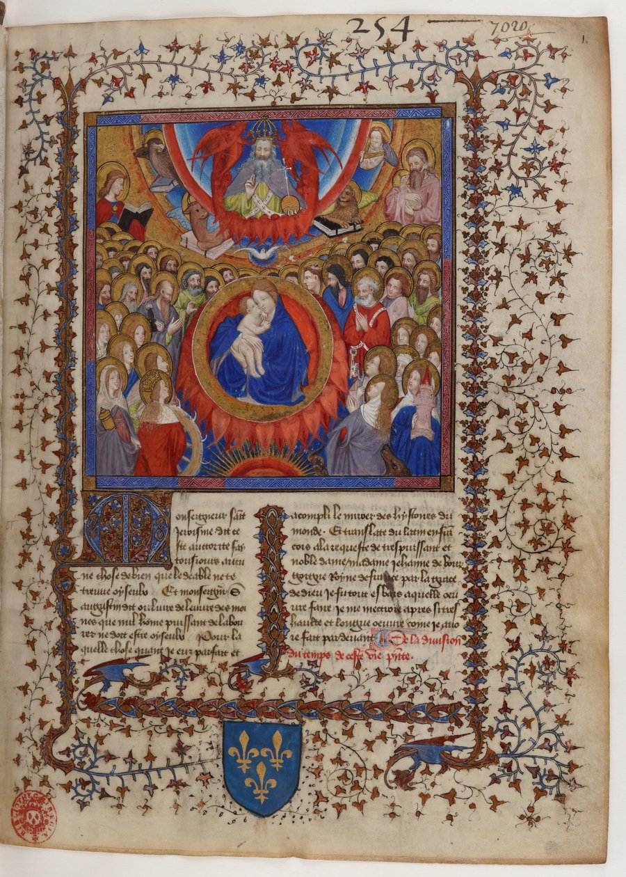Frontispício de um manuscrito da Legenda Áurea: A Virgem e o Menino rodeados pela Corte Celestial, recebendo a bênção de Deus Pai. de Virgil Master