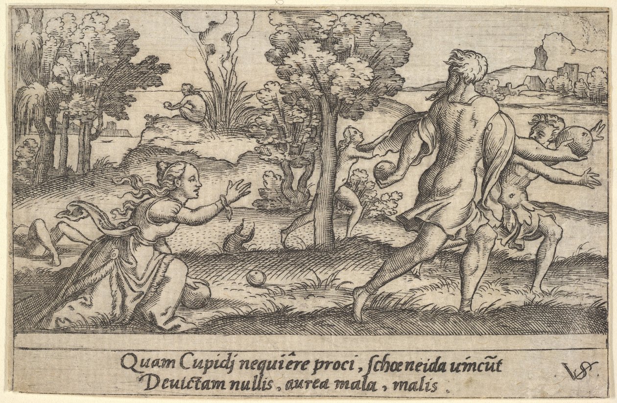 Atalanta e Hipômenes, em primeiro plano Atalanta ajoelhada para apanhar uma maçã e..., ca. 1535-62. de Virgil Solis