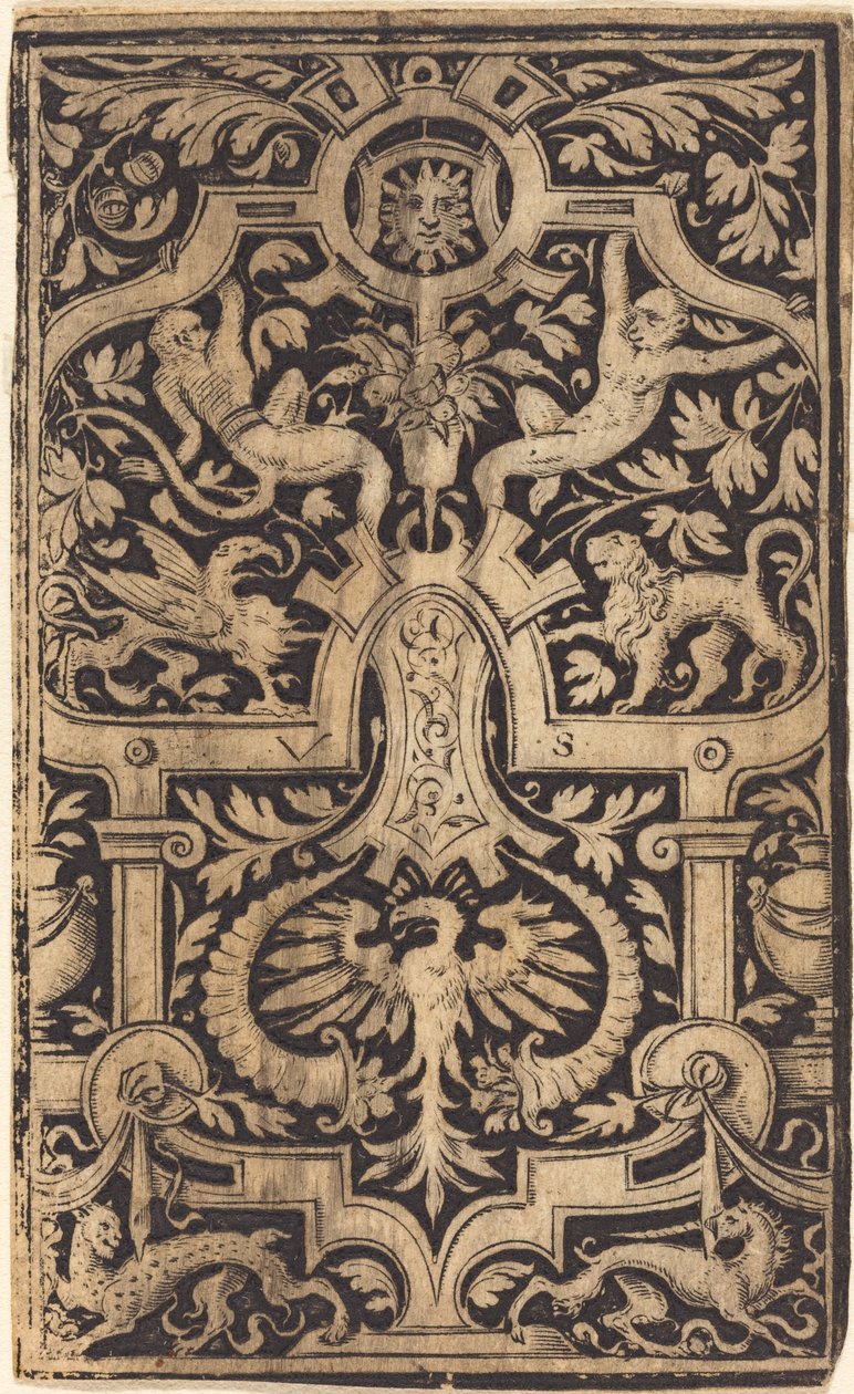 Strapwork e ornamento de folhagem em solo escuro com macacos e outros animais de Virgil Solis