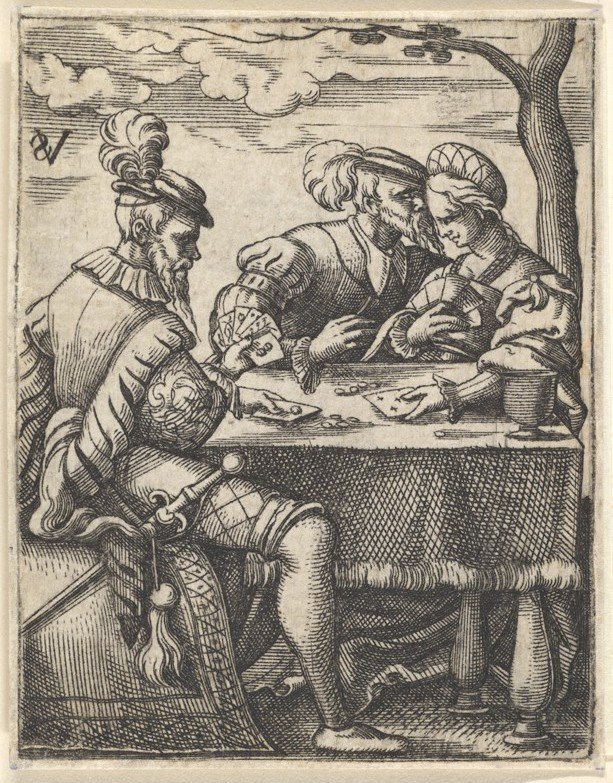 Dois homens e uma mulher jogando cartas em uma mesa, um homem pressionando o nariz em direção ao ..., ca. 1535-62. de Virgil Solis