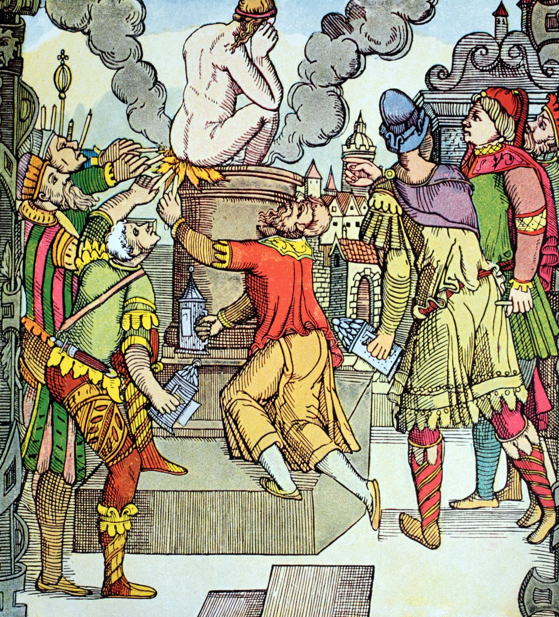 A Vingança de Virgil, talha do século XVI por Virgil Solis (xilogravura) de Virgilius the elder Solis
