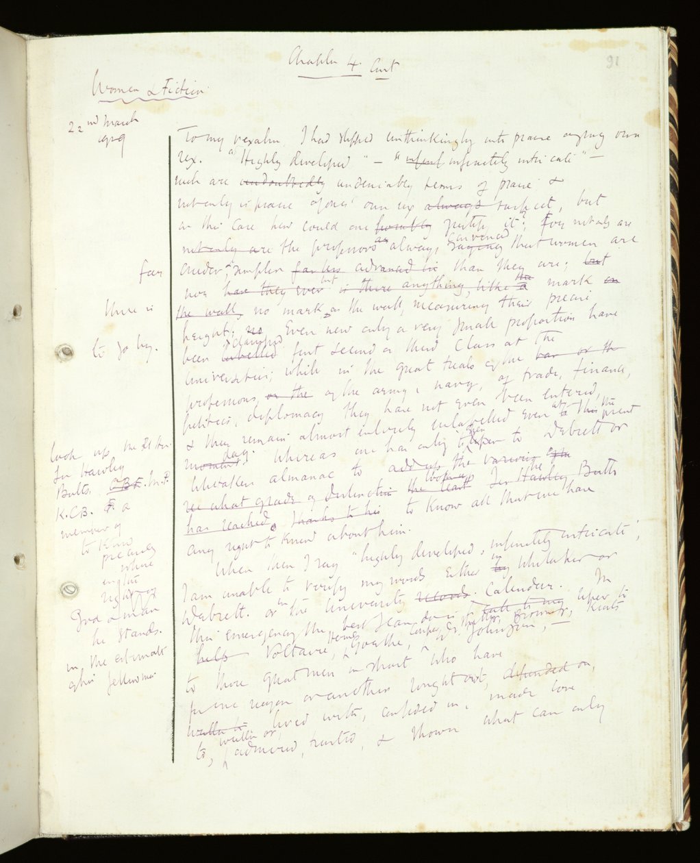 Ms 1-1942, p.91 Página de Women in Fiction, publicado como A Room of Ones Own, 1929 (tinta no papel) de Virginia Woolf