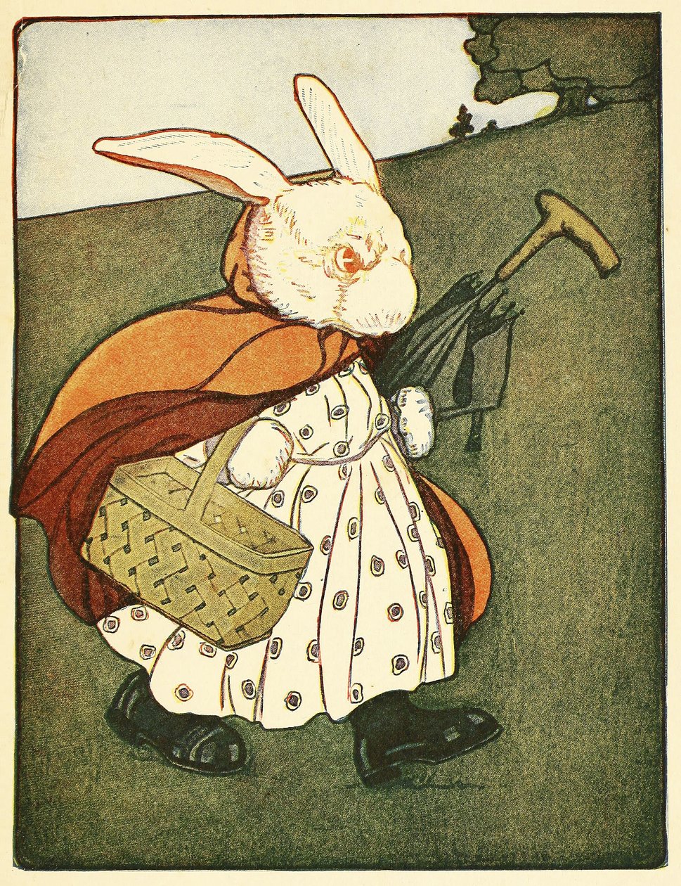 Então a velha Sra. Coelho . atravessou a floresta até a padaria, do bar The Tale of Peter Rabbit. 1916 (lito colorido) de Virginia Albert
