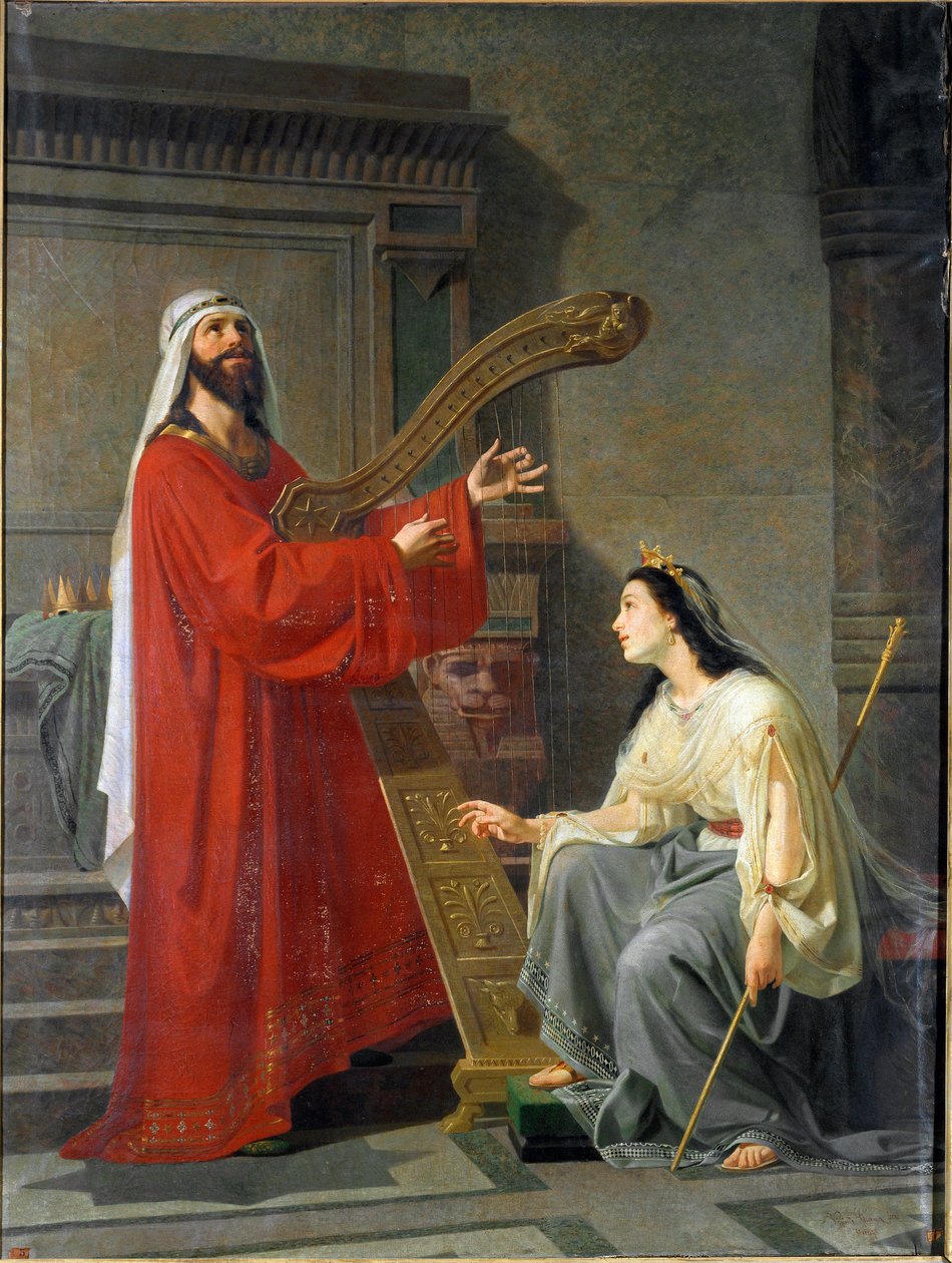 David e Micol King David tocando harpa. Pintura de Virginio Grana (ca. 1830-1888) Séc. XIX Sol. 243x182 cm Genes, Accademia Ligustica di Belle Arti, inv. 468 de Virginio Grana
