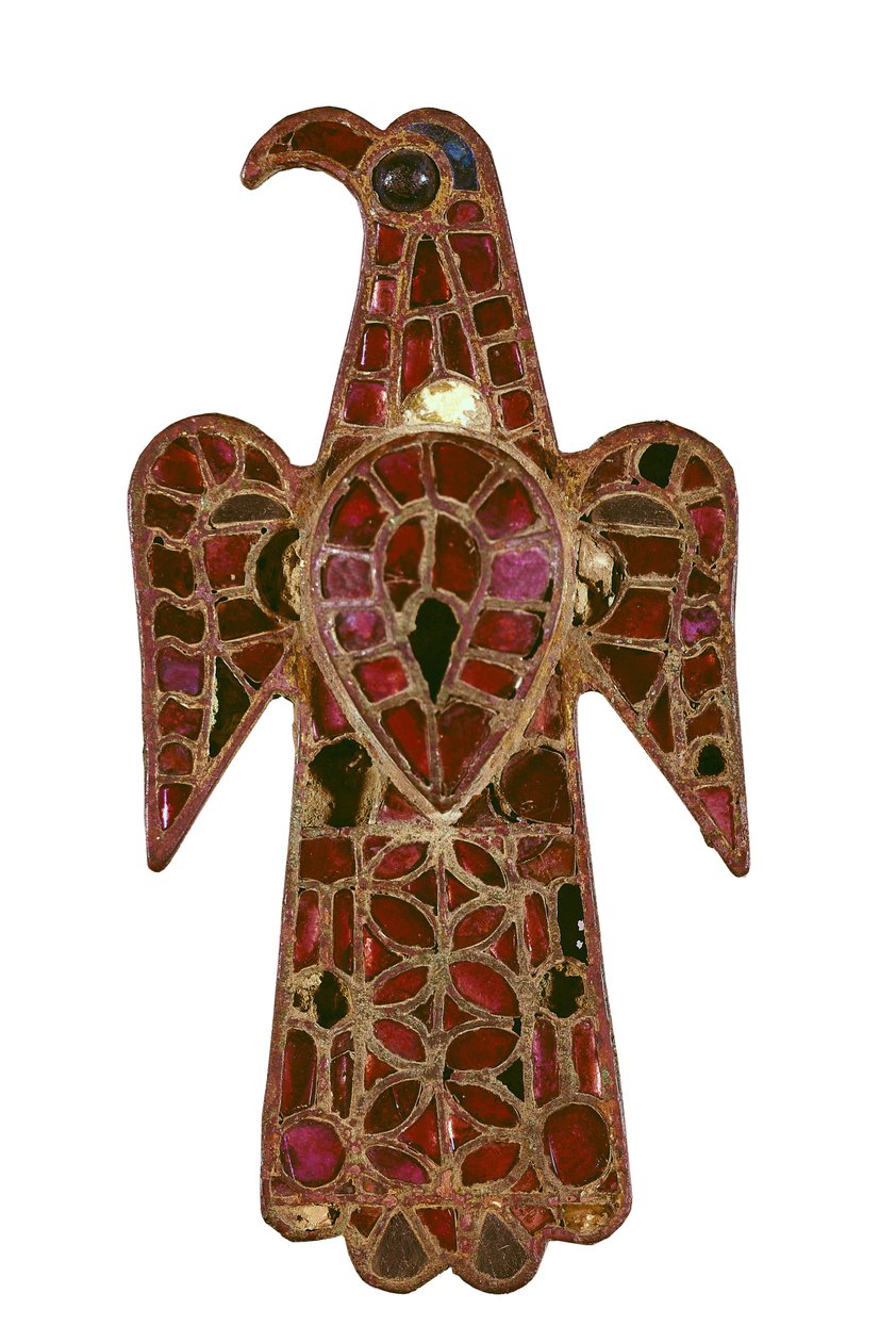Fíbula visigótica em forma de ávida, século VI, Bronze e pasta de vidro pela cloisonne técnica de Visigothic Visigothic