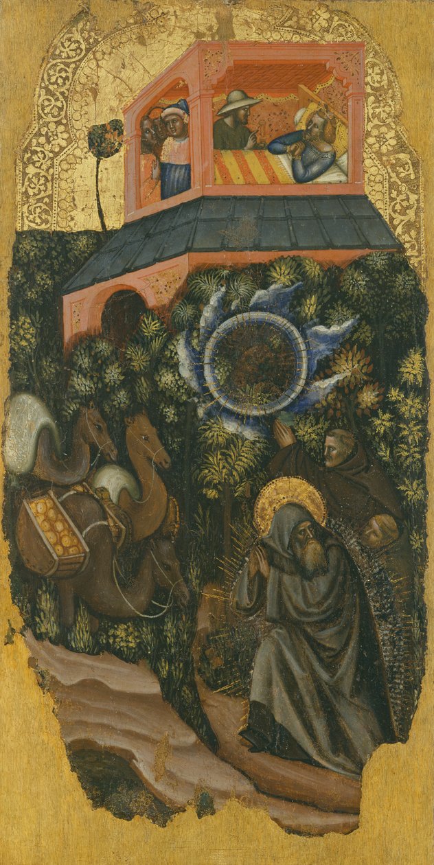 A História de Santo António o Grande, Um mendigo exorta o rei doente da Palestina a enviar comida a Santo António (em cima); chegada de camelos com comida (em baixo) de Vitale da Bologna