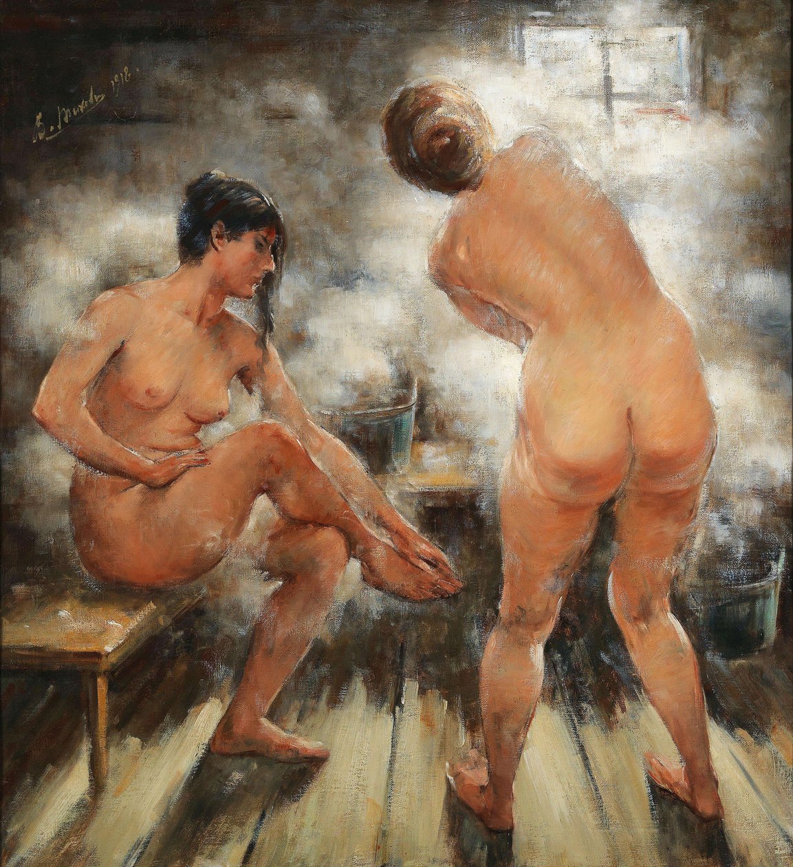 Em um banho de vapor russo, 1918. de Vitali Gavrilovich Tikhov