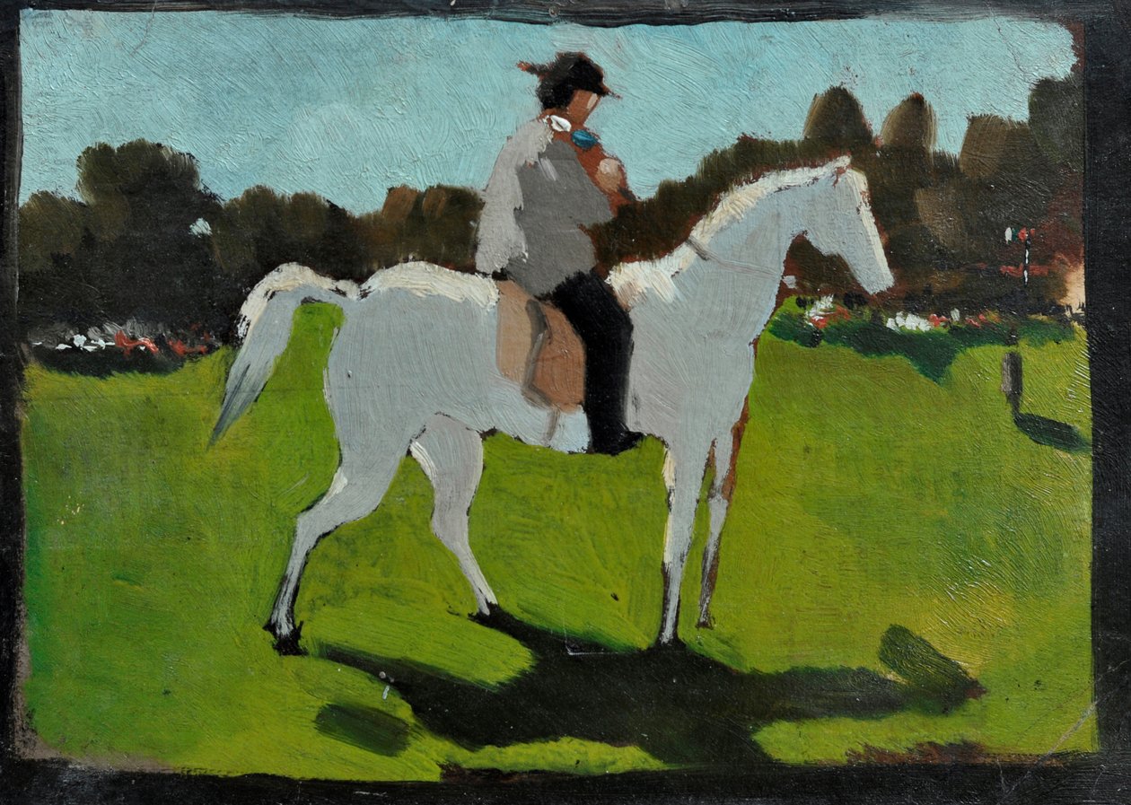 Cavalo branco com jóquei (óleo sobre papel sobre tábua) de Vito d