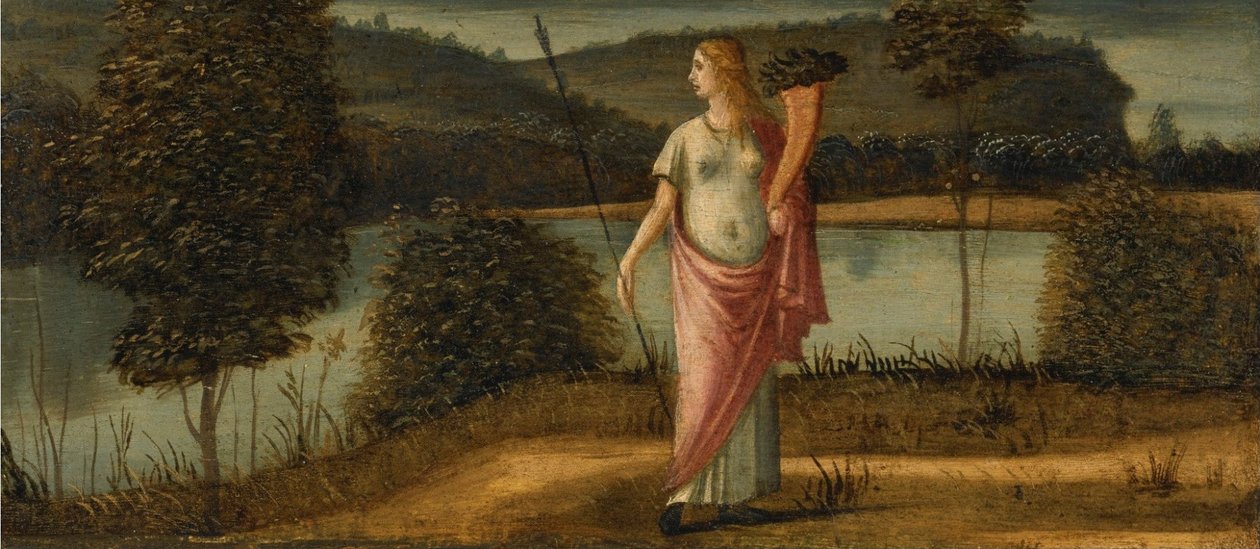 Figura alegórica de uma mulher em uma lança de paisagem de Vittore Carpaccio