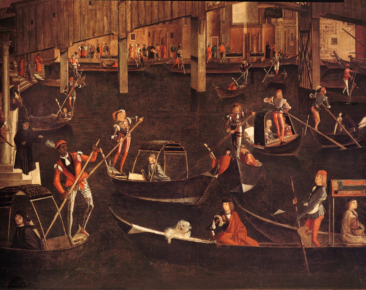 Gondoleiros no Grande Canal, detalhe de O Milagre da Relíquia da Verdadeira Cruz na Ponte Rialto, 1494 óleo sobre tela detalhe de 119437 de Vittore Carpaccio