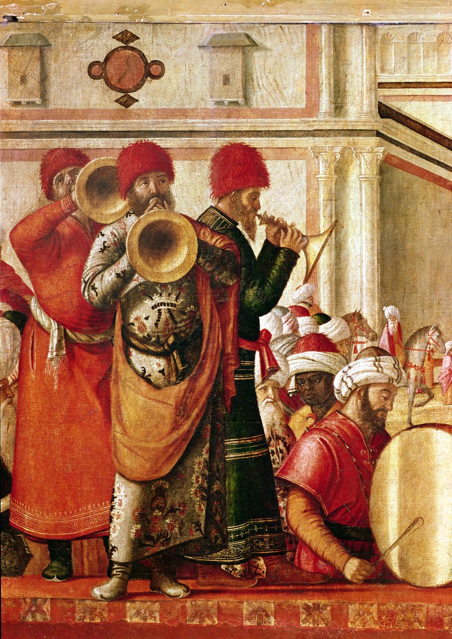 São Jorge Baptising the Gentiles, detalhe de músicos do lado esquerdo, 1501-07 de Vittore Carpaccio