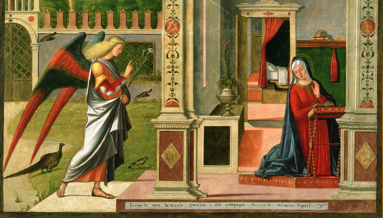 O óleo da Anunciação no detalhe do painel de 120955 de Vittore Carpaccio