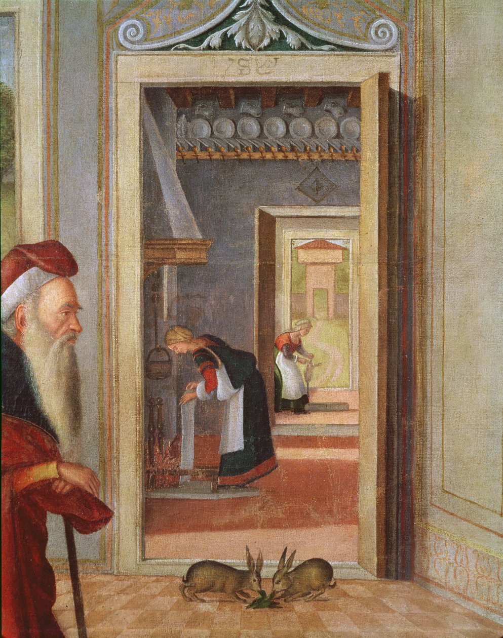 O Nascimento da Virgem, detalhe de servos ao fundo, 1504-08 (detalhe de 352330) de Vittore Carpaccio