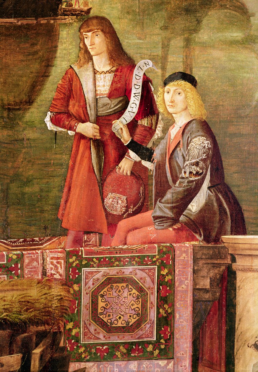 O Encontro de Éterio e Ursula e a Partida dos Peregrinos, do Ciclo de Santa Úrsula, detalhe de dois homens do centro, 1495 de Vittore Carpaccio