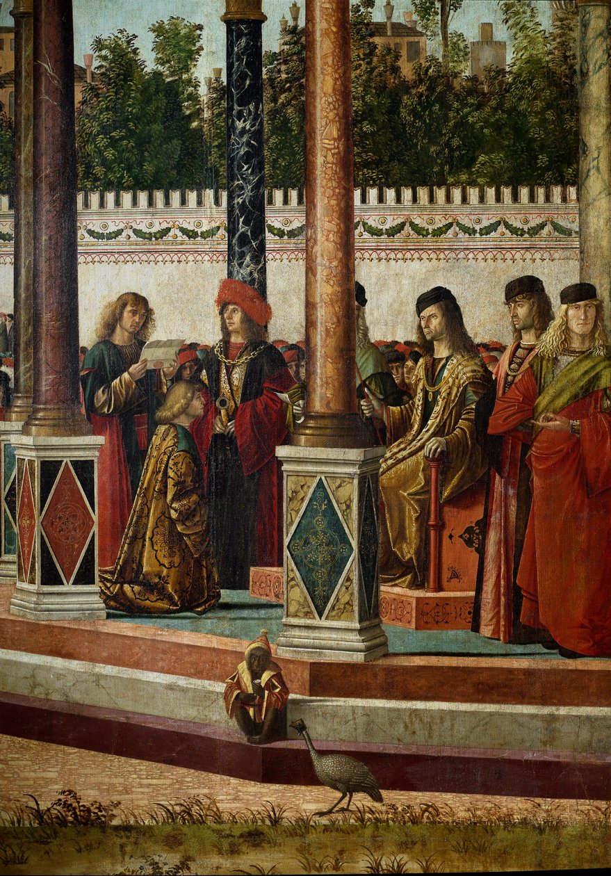 Ciclo de vida de Santa Úrsula (princesa bretã). Terceiro episódio: o regresso dos embaixadores ao Rei de Inglaterra. Detalhe representando o rei. Extrato do doree legende de Jacques de Voragine (ca. 1228-1298). Pintura de Vittore Scarpazza dit de Vittore Carpaccio