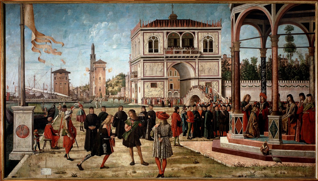 Ciclo da vida de Santa Úrsula, terceiro episódio: o regresso dos embaixadores ao Rei de Inglaterra. (óleo sobre painel de Vittore Carpaccio