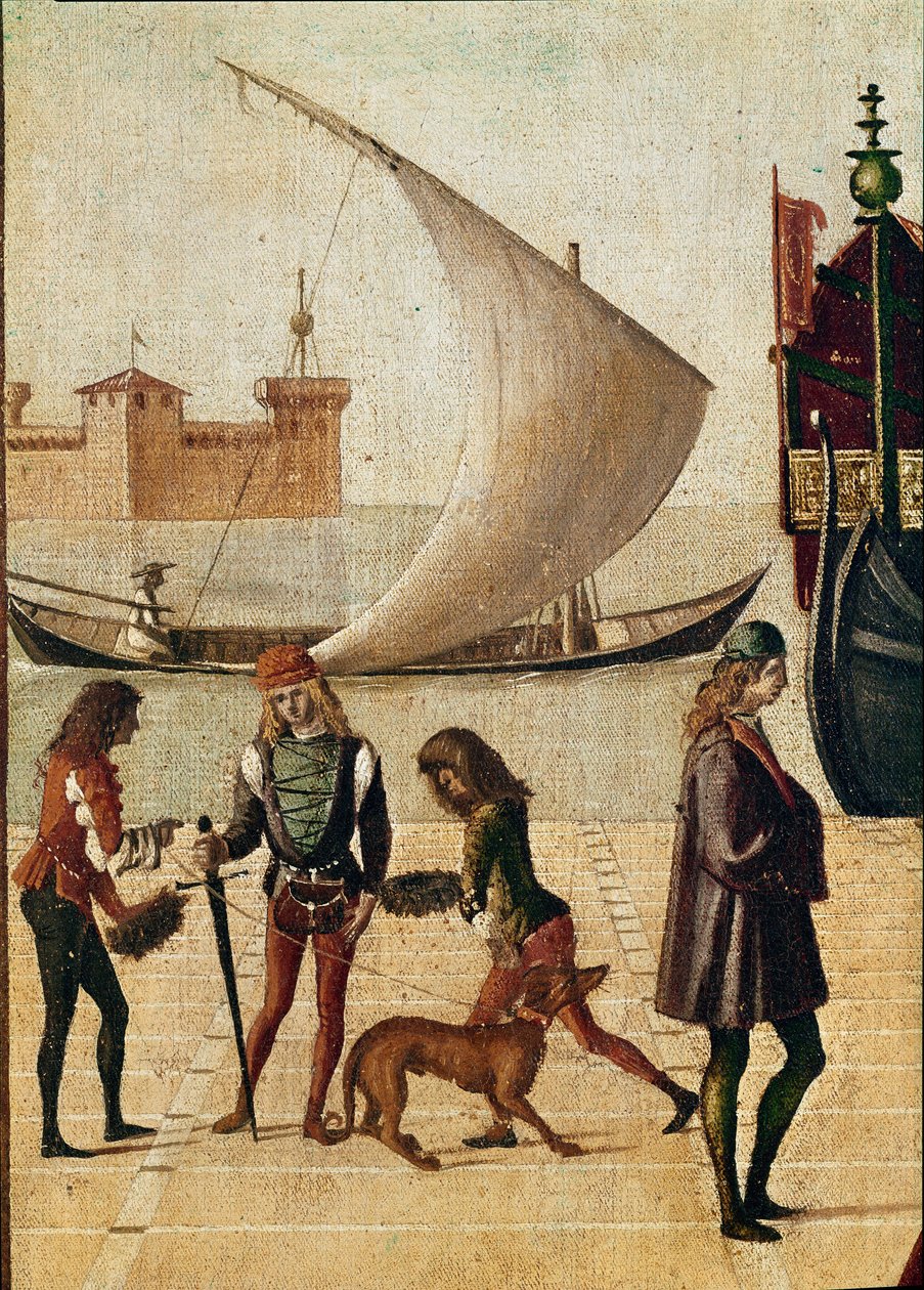 Lenda da Úrsula: chegada detalhada dos Embaixadores (da lenda dourada de Jacopo da Varagine) (temperaa sobre tela de Vittore Carpaccio