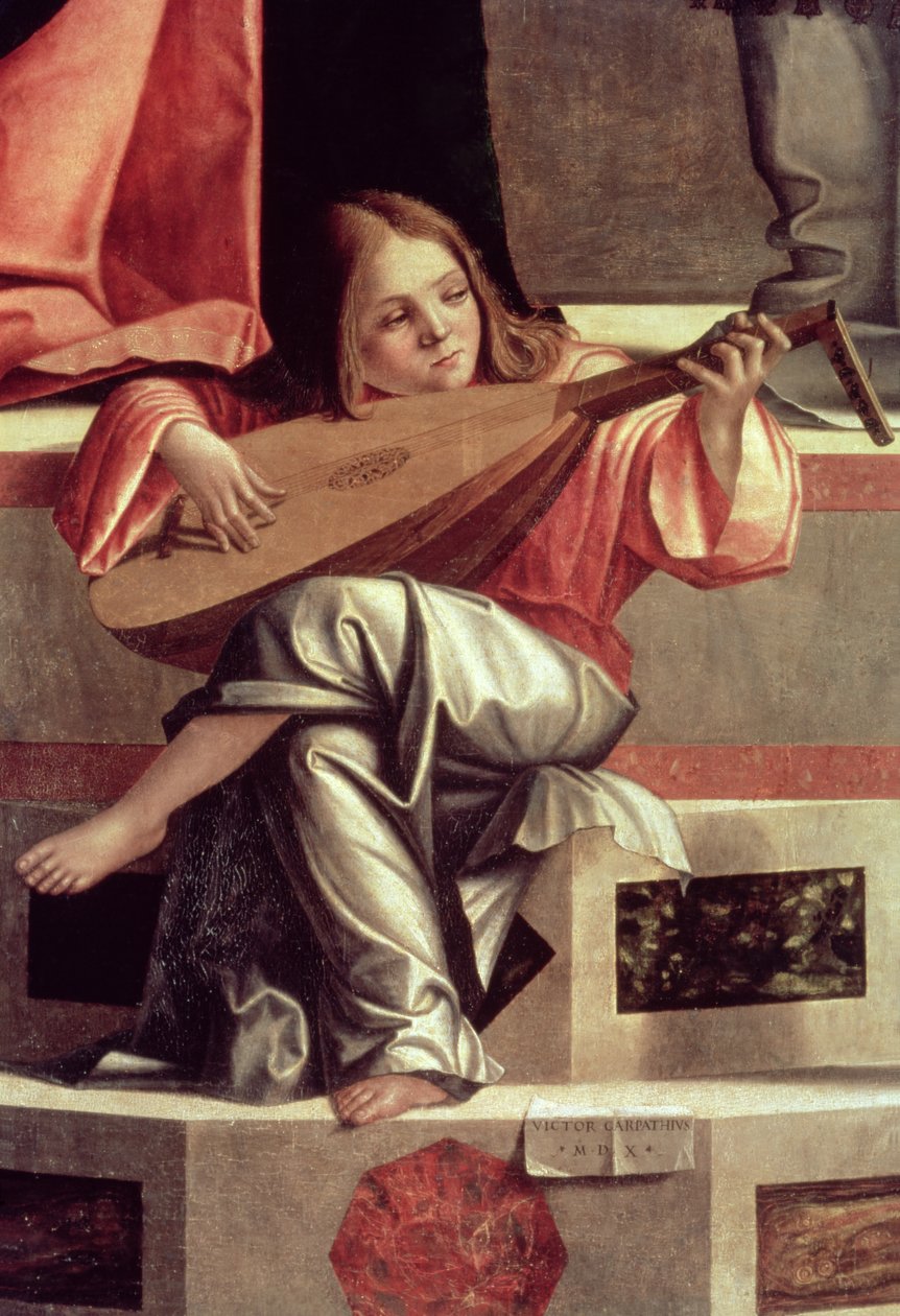 Anjo menestrel tocando um alaúde, pormenor de A apresentação de Jesus no Templo de Vittore Carpaccio
