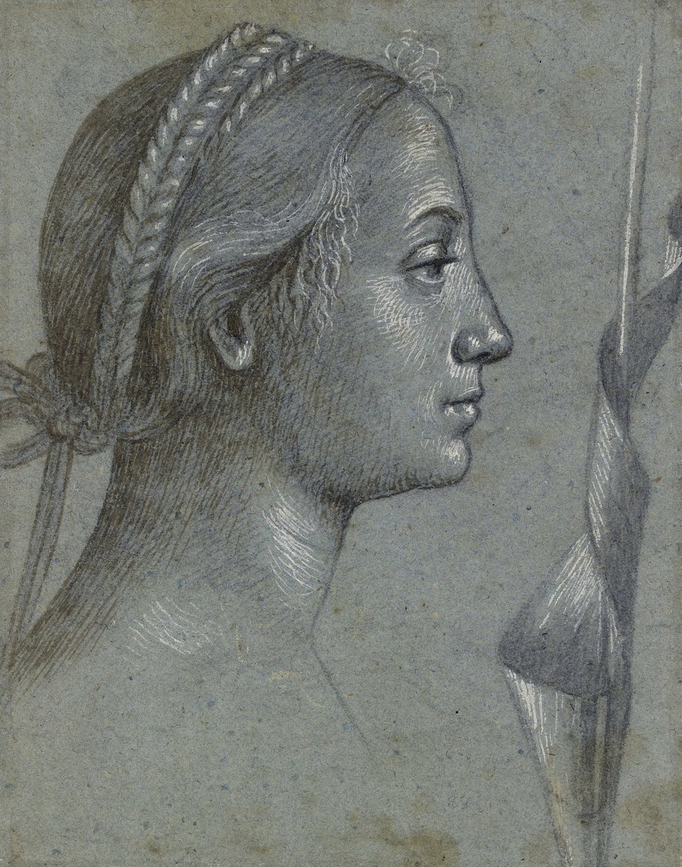 Recto: Cabeça de uma mulher com uma flâmula enrolada em torno de um pólo (giz preto com lavagem marrom, aumentada com bodycolour branco em papel azul-acinzentado pálido) de Vittore Carpaccio