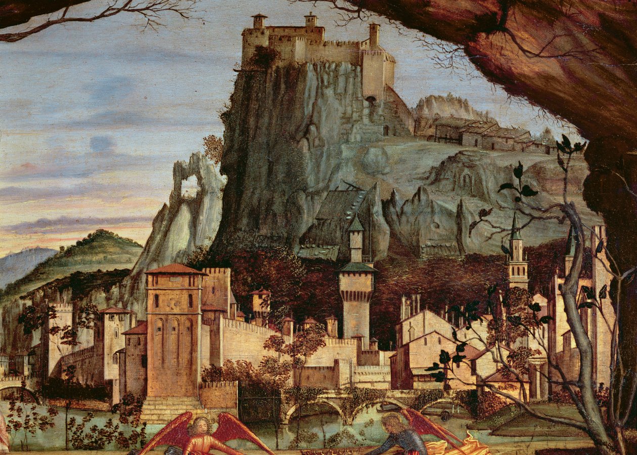 Sacre conversazione, detalhe da cidade e castelo no detalhe do painel de fundo de 84002 de Vittore Carpaccio