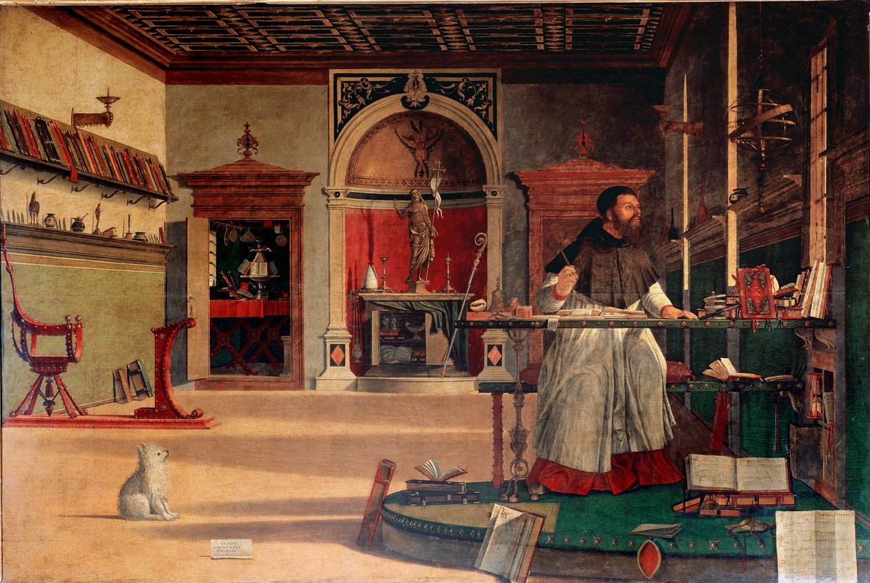 Santo Agostinho em seu escritório ou "A visão de Santo Agostinho" A eveque de Hipona é representada em um momento de grande inspiração. Pintura de Vittore Carpaccio (ca. 1460-1526) 1502-1507 Sol. 141x210 cm Veneza, Scuola di San Giorgio degli Schiavoni de Vittore Carpaccio