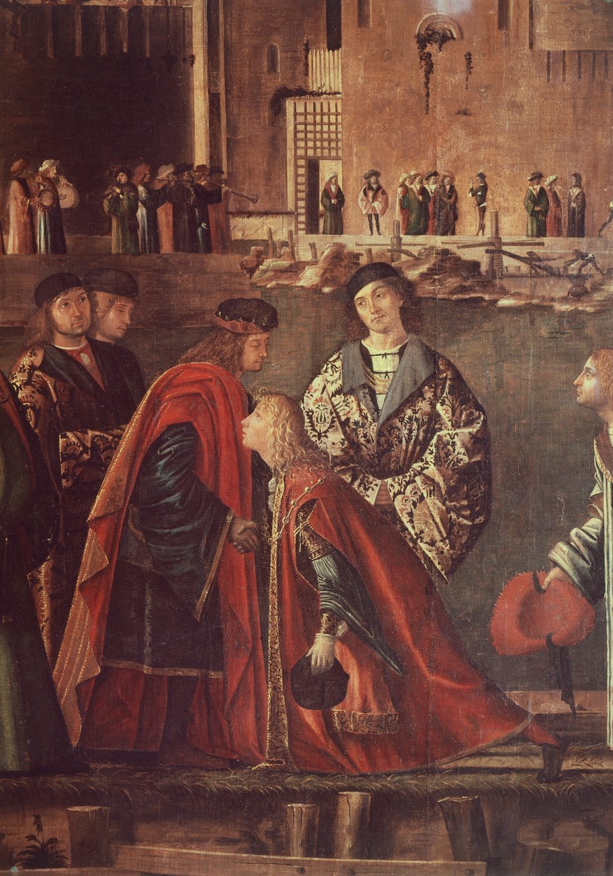 Histórias de Santa Úrsula, Encontro de Etéreo e Úrsula e Partida de Peregrinos, Ereo despedindo-se do seu pai, por Vittore Carpaccio (ca 1465- ca 1526), tempera sobre tela, 280x611 cm de Vittore Carpaccio