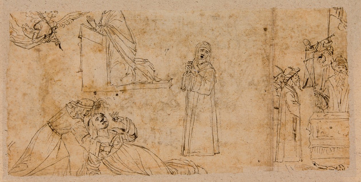 Estudos para um anúncio; para o Martírio de Santa Agatha; para uma Madona de luto (caneta e tinta sobre giz sobre papel) (verso de 5933930) de Vittore Carpaccio